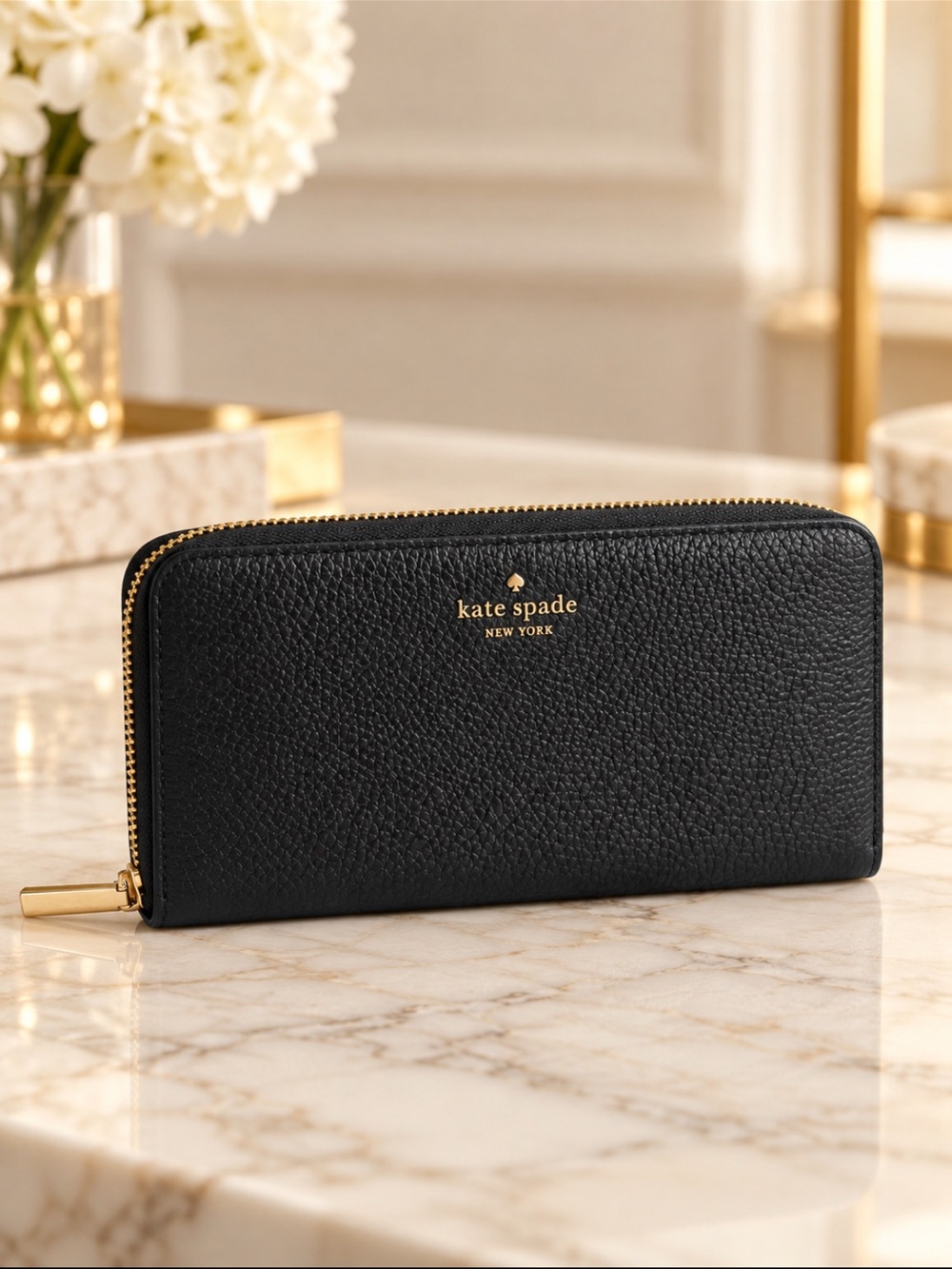 Gorgeous Kate Spade black pebbled leather zip-around wallet with gold hardware❤️